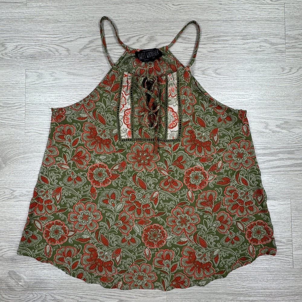 Sweet Wanderer Women's Tank Top Halter Floral Lace Up Green Medium Boho Strappy